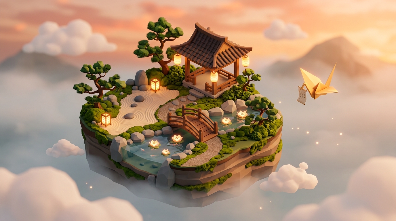 gZen Concept Art — Low-poly floating diorama sanctuary with pagoda, willow tree, koi pond, and origami carrier crane